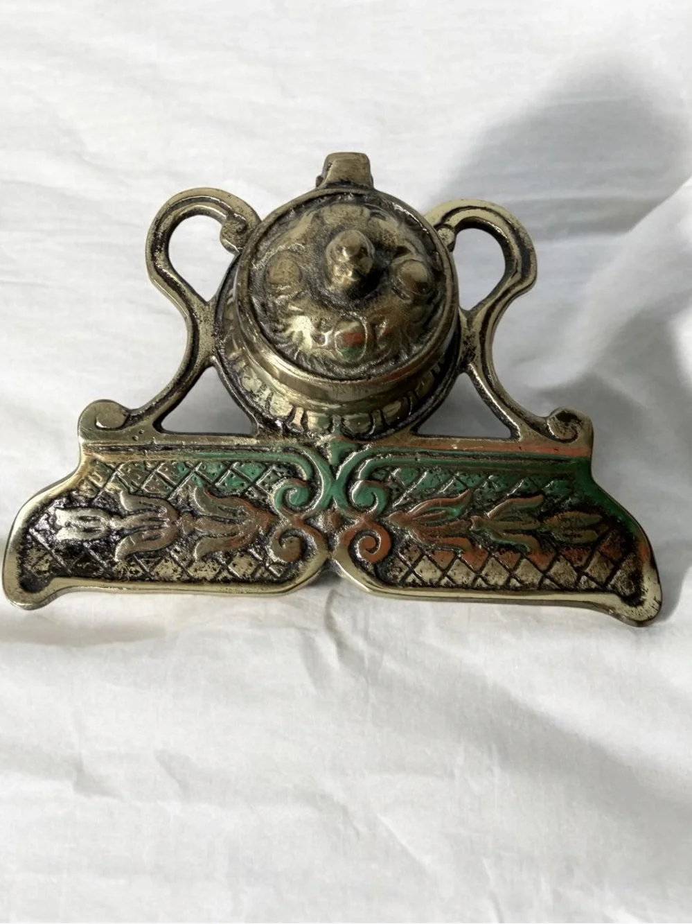 Brass Ink Well and Pen Rest - Antique-Style Brass Finish